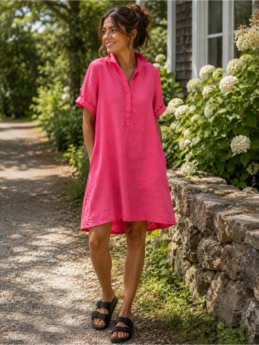 Chico’s 100% Linen Pink Tunic Dress Size 3.5 US 18 Roll Tab Shift Dress